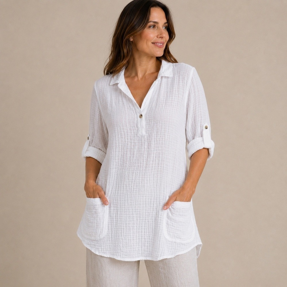 XCVI Gauze Tunic Top Women XS White Roll Tab Sleeve Pocket Coastal Boho Tunic